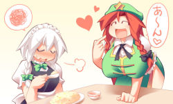 Rule 34 | 2girls, bad id, bad pixiv id, blush, braid, breasts, closed eyes, female focus, food, hat, heart, hong meiling, huge breasts, izayoi sakuya, large breasts, long hair, maid, maid headdress, multiple girls, open mouth, red hair, rice, short hair, sigh, silver hair, touhou, twin braids, uccow