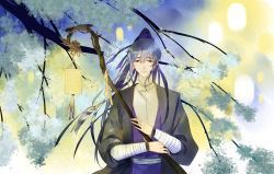 Rule 34 | 1boy, bandages, blue hair, chinese text, flower, graphite (medium), highres, lamp, long hair, male focus, ponytail, solo, spiritpact, staff, traditional media, tree, yang ning