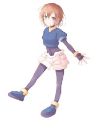 Rule 34 | 1girl, aile (mega man zx), blue footwear, blush, bodystocking, bracelet, brown hair, commentary request, full body, gloves, green eyes, hair between eyes, hasuga sea, highres, jewelry, layered sleeves, long sleeves, mega man (series), mega man zx, pantyhose, pantyhose under shorts, pocket, puffy short sleeves, puffy sleeves, robot ears, short hair, short over long sleeves, short sleeves, shorts, simple background, smile, solo, white background, white shorts