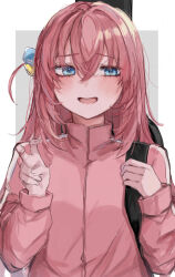 Rule 34 | 1girl, absurdres, blue eyes, blush, bocchi the rock!, gotoh hitori, guitar case, hair between eyes, hair ornament, haruharu 12 31, highres, instrument case, jacket, long hair, looking at viewer, open mouth, pink hair, pink jacket, sketch, smile, solo, track jacket, upper body, v