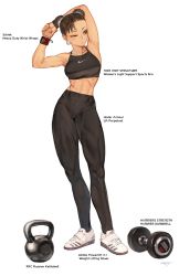 Rule 34 | 1girl, adidas, armpits, arms up, bracelet, breasts, brown hair, capcom, casual, chun-li, commentary, company name, double bun, dumbbell, earrings, english text, exercising, eyeshadow, facing viewer, full body, hair bun, high-waist pants, highres, jewelry, kettlebell, leggings, long legs, looking to the side, makeup, medium breasts, midriff, morry, muscular, muscular female, nike (company), pants, product placement, shoes, short hair, simple background, sneakers, solo, sports bra, sportswear, standing, street fighter, stretching, tan, thick thighs, thighs, toned, weightlifting, weights, white background, yoga pants