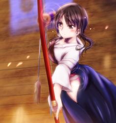 Rule 34 | 10s, 1girl, archery, arrow (projectile), blush, bow (weapon), breasts, brown eyes, brown hair, cleavage, derivative work, drawing bow, frown, gloves, hakama, hakama skirt, highres, hip vent, holding, holding bow (weapon), holding weapon, japanese clothes, large breasts, lens flare, muneate, okita sawa, panties, partially fingerless gloves, partly fingerless gloves, pink panties, rpg-exen, skirt, solo, tari tari, underwear, weapon, wooden floor, yugake