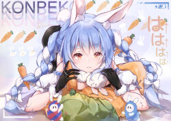 Rule 34 | 1girl, animal ear fluff, animal ears, battery indicator, black gloves, black pantyhose, blue hair, bow, braid, carrot, carrot hair ornament, carrot-shaped pillow, chinese commentary, commentary request, detached sleeves, don-chan (usada pekora), eyes visible through hair, food-themed hair ornament, fur-trimmed gloves, fur collar, fur trim, gloves, hair between eyes, hair bow, hair ornament, highres, hololive, long hair, looking at viewer, mixed-language commentary, multicolored hair, pantyhose, pillow, puffy detached sleeves, puffy sleeves, rabbit ears, rabbit girl, rabbit tail, red eyes, romaji commentary, short eyebrows, solo, tail, thick eyebrows, twin braids, twitter username, two-tone hair, uchuunin, usada pekora, usada pekora (1st costume), virtual youtuber, white bow, white hair