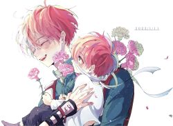 Rule 34 | 2boys, aged down, ahoge, bandages, birthday, blue eyes, boku no hero academia, burn scar, carnation, casual, costume, dated, dual persona, flower, grin, hair between eyes, highres, holding, holding flower, holding person, if they mated, light smile, long bangs, male focus, messy hair, multicolored hair, multiple boys, open mouth, r suku, red hair, scar, scar on face, short hair, smile, split-color hair, tears, time paradox, todoroki shouto, two-tone hair, white background, white hair