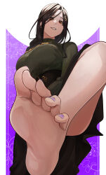 Rule 34 | 1girl, absurdres, bare legs, barefoot, braid, breasts, brown hair, feet, feet up, foot focus, foot worship, foreshortening, gradient hair, green sweater, grey hair, hair ornament, hair over one eye, hairclip, highres, large breasts, legs, long braid, long hair, looking at viewer, multicolored hair, nail polish, nekotokage, nijisanji, no shoes, open mouth, orange eyes, pov, presenting foot, ribbed sweater, shirayuki tomoe, shirayuki tomoe (1st costume), simple background, single braid, smile, soles, solo, spread toes, sweater, toenail polish, toenails, toes, turtleneck, turtleneck sweater, virtual youtuber