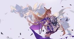 Rule 34 | 1girl, absurdres, arknights, ash-c, bare shoulders, bouquet, brown hair, closed mouth, dress, elite ii (arknights), flower, hair ornament, highres, indigo (arknights), infection monitor (arknights), long hair, off-shoulder dress, off shoulder, purple eyes, solo, very long hair