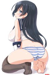 Rule 34 | 10s, 1girl, agano (kancolle), ass, back, black hair, blue eyes, blush, breasts, butt crack, dd (ijigendd), from behind, gloves, highres, impossible clothes, impossible shirt, kantai collection, kneeling, large breasts, long hair, looking back, no pants, numbered, panties, school uniform, serafuku, shirt, simple background, single thighhigh, sleeveless, solo, striped clothes, striped panties, thighhighs, thighs, underwear, white background, white gloves
