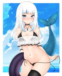 Rule 34 | 1girl, absurdres, alternate breast size, bare shoulders, bikini, black bikini, black choker, black thighhighs, blue eyes, blue hair, blue sky, blunt bangs, blush, breasts, choker, cleavage, closed mouth, cloud, collarbone, day, fang, fang out, fins, fish tail, gawr gura, highres, hololive, hololive english, honon, innertube, jewelry, large breasts, long hair, looking at viewer, multicolored hair, navel, necklace, outdoors, shark tail, side-tie bikini bottom, sky, smile, solo, streaked hair, string bikini, swim ring, swimsuit, tail, thighhighs, untied bikini, virtual youtuber, wet, white hair