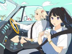 Rule 34 | 2girls, black hair, blonde hair, blue vest, blush, bracelet, camisole, car, car interior, cellphone, collared shirt, commentary, driving, floating hair, hair ribbon, highres, holding, holding phone, inoue takina, jewelry, long sleeves, looking at viewer, lycoris recoil, matching accessory, motor vehicle, multiple girls, nishikigi chisato, one side up, open clothes, open mouth, open shirt, phone, ponytail, purple eyes, red eyes, red ribbon, ribbon, seatbelt, see-through, see-through shirt, shirt, short sleeves, sidelocks, smartphone, smile, spaghetti strap, steering wheel, vest, white camisole, white shirt, yomo (moo 777 moo)
