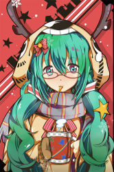 Rule 34 | 1girl, animal costume, antlers, bad id, bad pixiv id, bespectacled, cup, glasses, green eyes, green hair, hatsune miku, hippos, horns, long hair, matching hair/eyes, mittens, mouth hold, mug, reindeer antlers, reindeer costume, scarf, solo, striped clothes, striped scarf, twintails, vocaloid