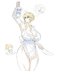 Rule 34 | 2girls, ahoge, apron, arm up, armpits, artoria pendragon (fate), artoria pendragon (lancer) (fate), blonde hair, braid, braided bun, breasts, chibi, chibi inset, cleavage, eu03, fate/apocrypha, fate/grand order, fate (series), fou (fate), green eyes, hair between eyes, hair bun, holding, holding knife, huge breasts, knife, long hair, looking up, mature female, mordred (fate), mordred (fate/apocrypha), mother and daughter, multiple girls, naked apron, open mouth, sideboob, sidelocks, simple background, thick thighs, thighs, thought bubble, white apron, white background