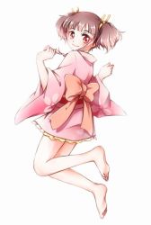 Rule 34 | 10s, 1girl, barefoot, brown hair, from behind, full body, hair ribbon, japanese clothes, kimono, koutetsujou no kabaneri, latealatea, looking back, mumei (kabaneri), no shoes, red eyes, ribbon, short kimono, smile, soles, solo, toes, twintails