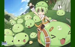 ! 1girl :3 arm_up backpack bag bandaid belt black_gloves black_skirt blue_sky bow breasts bush closed_mouth cloud copyright_notice derivative_work double_bun envelope fingerless_gloves forest full_body gloves grass green_eyes green_hair hair_between_eyes hair_bun highres letter medium_breasts nature official_art official_wallpaper open_mouth poporing ragnarok_online screenshot_redraw shirt short_hair skirt sky sleeveless sleeveless_shirt slime_(creature) smile solo spoken_exclamation_mark star_gladiator_(ragnarok_online) tree white_shirt yellow_belt yellow_bow yuichirou