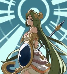 Rule 34 | 1girl, ancient greek clothes, armlet, bare shoulders, bracer, breasts, chiton, circlet, closed mouth, dress, facing away, green eyes, green hair, highres, jewelry, kid icarus, long hair, looking at viewer, neck ring, necklace, nintendo, nishikuromori, palutena, parted bangs, shield, small breasts, smile, solo, staff, straight hair, strapless, strapless dress, very long hair, white dress