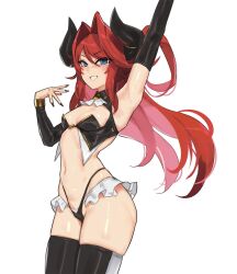 Rule 34 | 1girl, alternate breast size, april fools, arm up, armpits, black horns, black nails, black panties, black thighhighs, blue eyes, breasts, commentary, demon horns, english commentary, eu03, hair intakes, hair on horn, highleg, highleg panties, highres, horn ornament, horn ring, horns, long hair, microskirt, nail polish, navel, original, panties, red hair, skirt, small breasts, solo, thighhighs, tsunoko, underwear