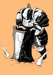 Rule 34 | 1boy, armor, breastplate, chainmail, crack, cracked floor, fake horns, full armor, greyscale with colored background, hare (yamihuji), helmet, highres, holding, holding shield, horned helmet, horns, male focus, monochrome, orange background, original, pauldrons, scratches, shield, shoulder armor, simple background, solo, torn, torn clothes, vambraces