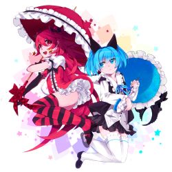 Rule 34 | 2girls, :d, animal ears, blue eyes, blue hair, bow, earrings, female focus, frills, full body, hair bow, jewelry, long hair, luminous blue variable, mizushirazu, multiple girls, open mouth, original, parasol, personification, red eyes, red hair, red supergiant, short hair, skirt, smile, star (symbol), star earrings, striped clothes, striped legwear, striped thighhighs, thighhighs, twintails, umbrella, white background, zettai ryouiki