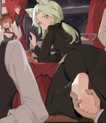 Rule 34 | 1girl, absurdres, animal ear fluff, animal ears, arknights, barefoot, blouse, blurry, cup, depth of field, drinking glass, ears through headwear, feet, foot focus, foreshortening, green eyes, green hair, heidi (arknights), highres, kal&#039;tsit (arknights), long hair, looking back, shirt, snowing, soles, thigh strap, toes, white shirt