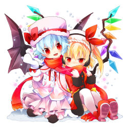 Rule 34 | 2girls, bat wings, black legwear, blonde hair, blue hair, coat, crystal, fang, female focus, flandre scarlet, fur trim, gloves, hat, multiple girls, n:go, red eyes, red scarf, remilia scarlet, scarf, shared clothes, shared scarf, siblings, side ponytail, sisters, sitting, snow, thighhighs, touhou, white legwear, wings, winter clothes