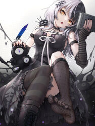 Rule 34 | 1girl, absurdres, black choker, black coat, black dress, black footwear, black gloves, black hair, black nails, black thighhighs, book, boots, breasts, chest belt, choker, coat, dress, elbow gloves, feet, fishnet thighhighs, fishnets, gloves, highres, holding, holding book, hololive, hololive english, jewelry, lace-trimmed choker, lace trim, large breasts, long hair, looking at viewer, multicolored hair, nail polish, open mouth, qiaogun damodao, ring, shiori novella, shiori novella (1st costume), split-color hair, striped clothes, striped gloves, thighhighs, virtual youtuber, white hair, yellow eyes, yorick (shiori novella)