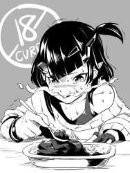 Rule 34 | 1girl, breasts, breath weapon, breathing fire, cleavage, commentary request, curry, demon girl, demon horns, eating, fire, food, gloves, greyscale, hair ornament, hairclip, highres, holding, holding spoon, horns, long hair, long sleeves, monochrome, nanashi inc., nantyu-a, official alternate costume, one side up, open mouth, partially fingerless gloves, pointy ears, shishio chris, shishio chris (2nd costume), single bare shoulder, solo, spicy, spoon, sugar lyric, sweat, sweater, tank top, upper body, virtual youtuber