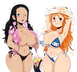 Rule 34 | 1boy, 2girls, armpits, ass, bare arms, bikini, black hair, blue eyes, blush, breasts, brown eyes, cleavage, closed mouth, collarbone, curvy, highres, hip focus, huge ass, huge breasts, jinu (jinusenpai), large breasts, long hair, looking at viewer, multiple girls, nami (one piece), navel, nico robin, one eye closed, one piece, open clothes, open mouth, open shirt, orange hair, sanji (one piece), side-tie bikini bottom, simple background, smile, stomach, swimsuit, teeth, thick thighs, thighs, tongue, undressing, upper teeth only, wet, wet clothes, white background, wide hips, wink