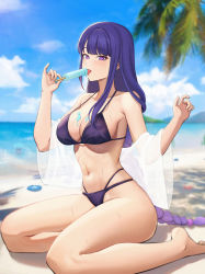 Rule 34 | 1girl, absurdres, beach, bikini, blush, breasts, cleavage, cloud, food, food on body, food on breasts, full body, genshin impact, highres, holding, holding food, ice cream, large breasts, licking, long braid, long hair, looking at viewer, multi-strapped bikini, navel, ocean, palm tree, popsicle, purple eyes, purple hair, raiden shogun, sand, see-through, see-through sleeves, sexually suggestive, sitting, sky, solo, sp123, strap gap, suggestive fluid, sweat, swimsuit, thighs, tongue, tongue out, tree, very long hair, water, yokozuwari