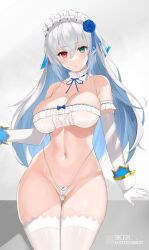Rule 34 | 1girl, :o, bare shoulders, bikini, blue flower, blue hair, blue ribbon, blue rose, breasts, cleavage, cleft of venus, colored inner hair, commission, cowboy shot, elbow gloves, flower, frilled bikini, frills, gloves, gluteal fold, green eyes, grey hair, heterochromia, highleg, highleg bikini, highres, large breasts, long hair, maid headdress, multicolored hair, nakamura nagare, navel, neck garter, original, parted lips, partially fingerless gloves, red eyes, ribbon, rose, shirt, simple background, skeb commission, solo, stomach, swimsuit, thigh gap, thighhighs, two-tone hair, very long hair, wedgie, white bikini, white gloves, white shirt, white thighhighs, wrist cuffs