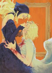 Rule 34 | 2girls, badhapple, bare shoulders, black dress, blonde hair, blood, blood on chest, blood on hands, commentary, dress, dungeon meshi, english commentary, eye contact, face-to-face, falin touden, falin touden (chimera), feathers, finger to another&#039;s mouth, floating hair, from side, fur-trimmed dress, fur trim, green eyes, half-closed eye, hands on another&#039;s face, hands on another&#039;s waist, head back, head scarf, highres, long hair, looking at another, marcille donato, marcille donato (lord), monster girl, multiple girls, off-shoulder dress, off shoulder, picture frame, profile, short hair, sleeves past wrists, wings, yellow eyes, yuri