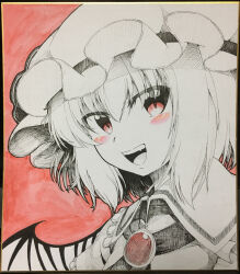 Rule 34 | 1girl, 283win, :d, absurdres, acrylic paint (medium), bat wings, blush, hat, hat ribbon, highres, limited palette, looking at viewer, mob cap, open mouth, painting (medium), photo (medium), red background, red eyes, remilia scarlet, ribbon, shikishi, short hair, smile, solo, teeth, touhou, traditional media, upper body, upper teeth only, wings