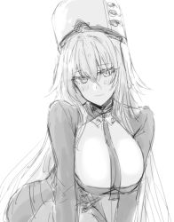Rule 34 | 1girl, azur lane, blush, breasts, cleavage, commentary request, greyscale, hair between eyes, hat, large breasts, long hair, long sleeves, looking at viewer, military hat, monochrome, necktie, sbs, smile, solo, sovetsky soyuz (azur lane), upper body, white hair, white hat