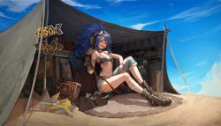 Rule 34 | 1girl, absurdres, blue hair, boots, breasts, cigar, cleavage, denim, dynamite, explosive, gauntlets, highres, jeans, long hair, looking at viewer, armored boots, on ground, open mouth, original, pants, radio, red eyes, sitting, small breasts, smoking, torn clothes, torn jeans, torn pants, weapon, wellsy