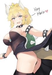 Rule 34 | 1girl, areola slip, armlet, armpits, ass, bare shoulders, black thighhighs, blonde hair, blue eyes, blue gemstone, bowsette, bracelet, breasts, clothes lift, collar, crown, curvy, dress, english text, fangs, from side, gem, heart, highres, hip focus, horns, j@ck, jewelry, large breasts, leotard, long hair, looking at viewer, mario (series), new super mario bros. u deluxe, nintendo, open mouth, panties, parted bangs, pointy ears, ponytail, smile, solo, spiked armlet, spiked bracelet, spiked collar, spikes, spoken heart, standing, super crown, thighhighs, thighs, underwear, v-shaped eyebrows, white background
