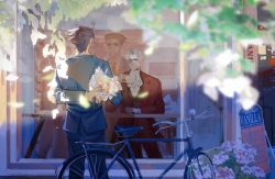 Rule 34 | 2boys, ace attorney, arm behind back, ascot, bad id, bad twitter id, bicycle, black hair, bouquet, cafe, cup, flower, formal, grey hair, highres, holding, holding bouquet, holding cup, holding flower, implied yaoi, male focus, miles edgeworth, multiple boys, phoenix wright, plant, reflection, storefront, suit, turquoise mika