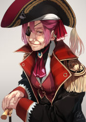 Rule 34 | 1girl, aged up, artist name, bicorne, black coat, breasts, brooch, buttons, cane, coat, commentary request, dated, epaulettes, eyepatch, gradient background, grey background, hair between eyes, hair ribbon, hat, hat feather, highres, hololive, houshou marine, jewelry, lapels, long sleeves, looking at viewer, medium breasts, old, old woman, one eye covered, pink hair, pirate, pirate hat, re lucy, realistic, red eyes, ribbon, short hair, sidelocks, signature, simple background, smile, solo, upper body, virtual youtuber
