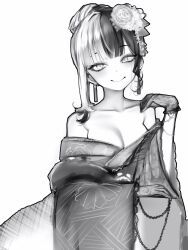 Rule 34 | 1girl, absurdres, blunt bangs, breasts, chain, cleavage, closed mouth, collarbone, earrings, eyeliner, floral print, flower, gloves, greyscale, hair bun, hair flower, hair ornament, hand on own shoulder, highres, hololive, hololive english, japanese clothes, jewelry, kanzashi, kimono, lace, lace-trimmed kimono, lace gloves, lace trim, looking at another, makeup, medium breasts, monochrome, multicolored hair, nanashi (nlo), off shoulder, official alternate costume, official alternate hairstyle, shiori novella, shiori novella (new year), short hair, simple background, single hair bun, single sidelock, smile, tsumami kanzashi, two-tone hair, upper body, virtual youtuber, white background