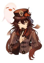 Rule 34 | 1girl, arm behind back, between fingers, black hat, black nails, brown hair, card, card between fingers, chinese clothes, closed mouth, commentary, english commentary, fang, flower, flower-shaped pupils, genshin impact, ghost, hat, hat flower, highres, holding, hu tao (genshin impact), jewelry, long hair, long sleeves, looking at viewer, nail polish, one eye closed, open mouth, red eyes, red flower, ring, smile, snifflesmp4, solo, symbol-shaped pupils, tassel, tree, twintails, very long hair, white background, wide sleeves