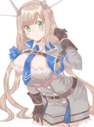 Rule 34 | 1girl, az toride, belt, between breasts, black belt, black gloves, blonde hair, blue necktie, blush, breasts, capelet, closed mouth, dress, gloves, green eyes, grey capelet, grey dress, headgear, kantai collection, large breasts, long hair, long sleeves, looking at viewer, maryland (kancolle), necktie, simple background, smile, solo, upper body, white background