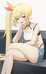 Rule 34 | 1girl, ahoge, bad id, bad pixiv id, bare legs, blonde hair, blue shorts, blush, breasts, cleavage, commentary, couch, crossed legs, eyelashes, grey background, hair ornament, hair ribbon, hand on own chin, head rest, heterochromia, highres, hoshikawa sara, hoshikawa sara (1st costume), jewelry, long hair, looking at viewer, medium breasts, midriff, navel, necklace, nijisanji, open mouth, red eyes, ribbon, shirt, short shorts, shorts, side ponytail, simple background, solo, tank top, thighs, tied shirt, tongue, tongue out, virtual youtuber, white tank top, x hair ornament, yellow eyes, yuu (yuu ammy)