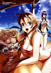 Rule 34 | 3girls, :d, alcohol, antenna hair, armband, beach, beer, bent over, bikini, bird, blonde hair, blue hair, blush, breast press, breasts, brown hair, busujima saeko, can, cleavage, clothes, cloud, day, dessert, drink, drinking straw, earrings, closed eyes, food, hand on own hip, own hands clasped, headphones, highres, highschool of the dead, ice cream, jewelry, large breasts, lipstick, long hair, makeup, marikawa shizuka, midriff, miyamoto rei, multiple girls, official art, open mouth, outdoors, own hands together, red eyes, saliva, satou shouji, scan, scan artifacts, seagull, sky, sleeping, smile, standing, sundae, swimsuit, thigh gap, thighs, very long hair, water