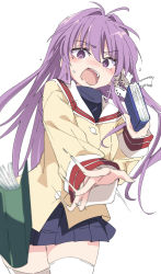Rule 34 | 1girl, black skirt, book, clannad, commentary, fujibayashi kyou, hikarizaka private high school uniform, holding, holding book, ixy, long hair, long sleeves, looking at viewer, open mouth, pleated skirt, purple eyes, purple hair, school uniform, simple background, skirt, solo, symbol-only commentary, thighhighs, turtleneck, white background, white thighhighs, zettai ryouiki
