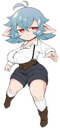 Rule 34 | 1girl, antenna hair, belt, black belt, black shorts, blue hair, boots, breasts, brown corset, brown footwear, buttons, cleavage, clenched hand, closed mouth, collarbone, colorized, corset, denim, denim shorts, dot mouth, dress shirt, expressionless, full body, hand up, inarou (rakugakiproject), jitome, kneehighs, large breasts, legs apart, long sleeves, looking away, open hand, original, pointy ears, red eyes, shirt, short hair, shorts, shorts rolled up, shortstack, simple background, socks, solo, suspenders, thick thighs, thighs, third-party edit, white background, white shirt, white socks, wide hips