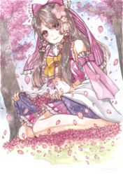 Rule 34 | 1girl, barefoot, blue sky, bow, brown hair, cherry blossoms, day, detached sleeves, floral print, flower, hair bow, hair flower, hair ornament, hair tubes, hakurei reimu, highres, inugami shima, kneeling, long hair, looking at viewer, midriff, outdoors, painting (medium), pink bow, pink eyes, pink flower, pink skirt, sidelocks, skirt, skirt basket, sky, smile, solo, touhou, traditional media, tree, watercolor (medium), yellow bow