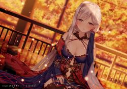 Rule 34 | 1girl, absurdres, arm up, bare shoulders, black thighhighs, blurry, blurry background, blush, breasts, brown eyes, cleavage, clothing cutout, collarbone, commentary request, depth of field, detached sleeves, dress, fate/grand order, fate (series), fence, hair between eyes, hair down, hair tubes, highres, junpaku karen, long hair, long sleeves, looking at viewer, medium breasts, miyamoto musashi (fate), miyamoto musashi (third ascension) (fate), navel, navel cutout, parted lips, pixiv id, purple dress, reflection, reflective floor, revision, silver hair, sitting, sleeveless, sleeveless dress, sleeves past wrists, solo, thighhighs, very long hair