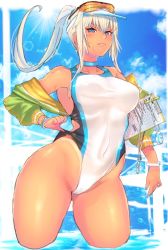 Rule 34 | 1girl, blue eyes, blush, competition swimsuit, covered navel, cowboy shot, day, eyewear on head, jacket, long hair, looking at viewer, off shoulder, one-piece swimsuit, original, panzer (p.z), parted lips, ponytail, sky, solo, swimsuit, tan, tanline, timer, water, white hair