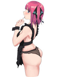Rule 34 | 1girl, apron, arm up, ass, back, black apron, black panties, black ribbon, blue eyes, blunt bangs, blush, breasts, butterfly hair ornament, cream, cuffs, frilled apron, frills, go-toubun no hanayome, hair ornament, licking, licking finger, looking at viewer, nakano nino, nearly naked apron, open mouth, panties, pink hair, ribbon, simple background, thick thighs, thighs, timcar, tongue, tongue out, twintails, underwear, white background