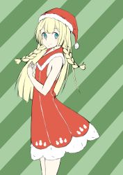 Rule 34 | 1girl, adapted costume, alternate eye color, aqua eyes, bad id, bad pixiv id, bare arms, bare shoulders, blonde hair, blunt bangs, blush, braid, christmas, closed mouth, collared dress, creatures (company), dress, fingers together, flat chest, fur trim, game freak, green background, green eyes, haru (pixiv1793501), hat, lillie (pokemon), long hair, nintendo, pokemon, pokemon sm, red dress, red hat, santa costume, santa hat, sleeveless, sleeveless dress, smile, snowman, solo, standing, striped, striped background, twin braids