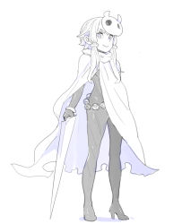 Rule 34 | 1girl, absurdres, belt, bodysuit, cloak, closed mouth, cosplay, enkyo yuuichirou, full body, greyscale, high heels, highres, holding, holding sword, holding weapon, hollow knight, knight (hollow knight), knight (hollow knight) (cosplay), limited palette, long hair, looking at viewer, mask, mask on head, monochrome, nail (hollow knight), short hair with long locks, sidelocks, simple background, smile, solo, sword, voiceroid, weapon, white background, yuzuki yukari