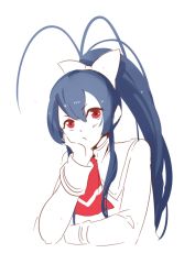 Rule 34 | 1girl, 3four, antenna hair, blazblue, blazblue remix heart, blue hair, bow, ascot, genderswap, genderswap (mtf), hair bow, hand on own cheek, hand on own face, long hair, mai natsume, ponytail, pout, red eyes, ribbon, school uniform, simple background, sitting, solo, upper body, white background