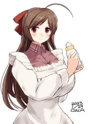 Rule 34 | 1girl, ahoge, apron, baby bottle, bottle, breasts, brown hair, collared shirt, cowboy shot, dated, hair ornament, hair ribbon, hairclip, highres, holding, holding bottle, kantai collection, kappougi, large breasts, long hair, mamiya (kancolle), one-hour drawing challenge, owa (ishtail), pink shirt, red eyes, ribbon, shirt, simple background, solo, twitter username, white background